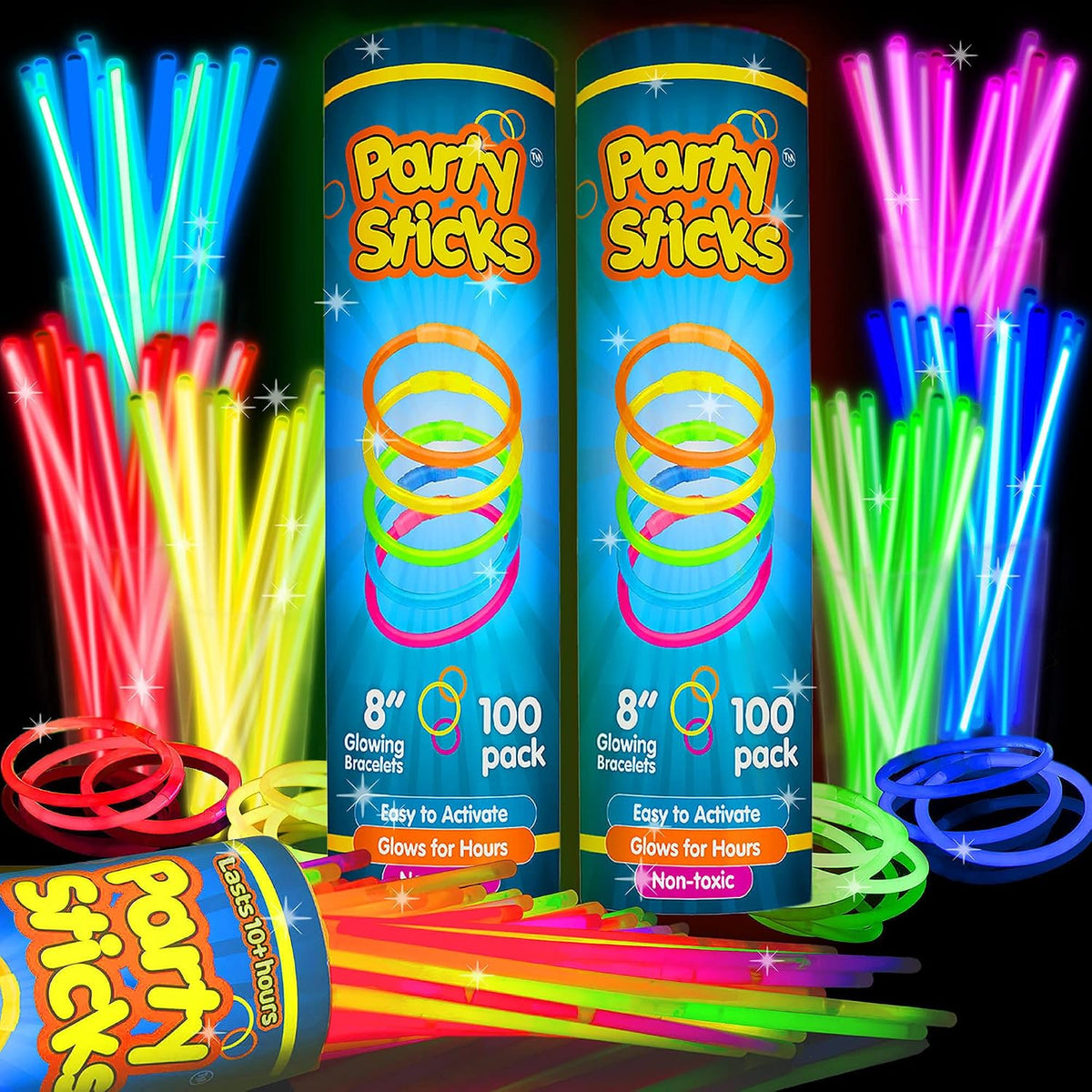PartySticks Glow Sticks Party Supplies 100pk - 8 Inch Glow in the Dark Light Up Sticks Party Favors, Glow Party Decorations, Neon Party Glow Necklaces and Glow Bracelets with Connectors