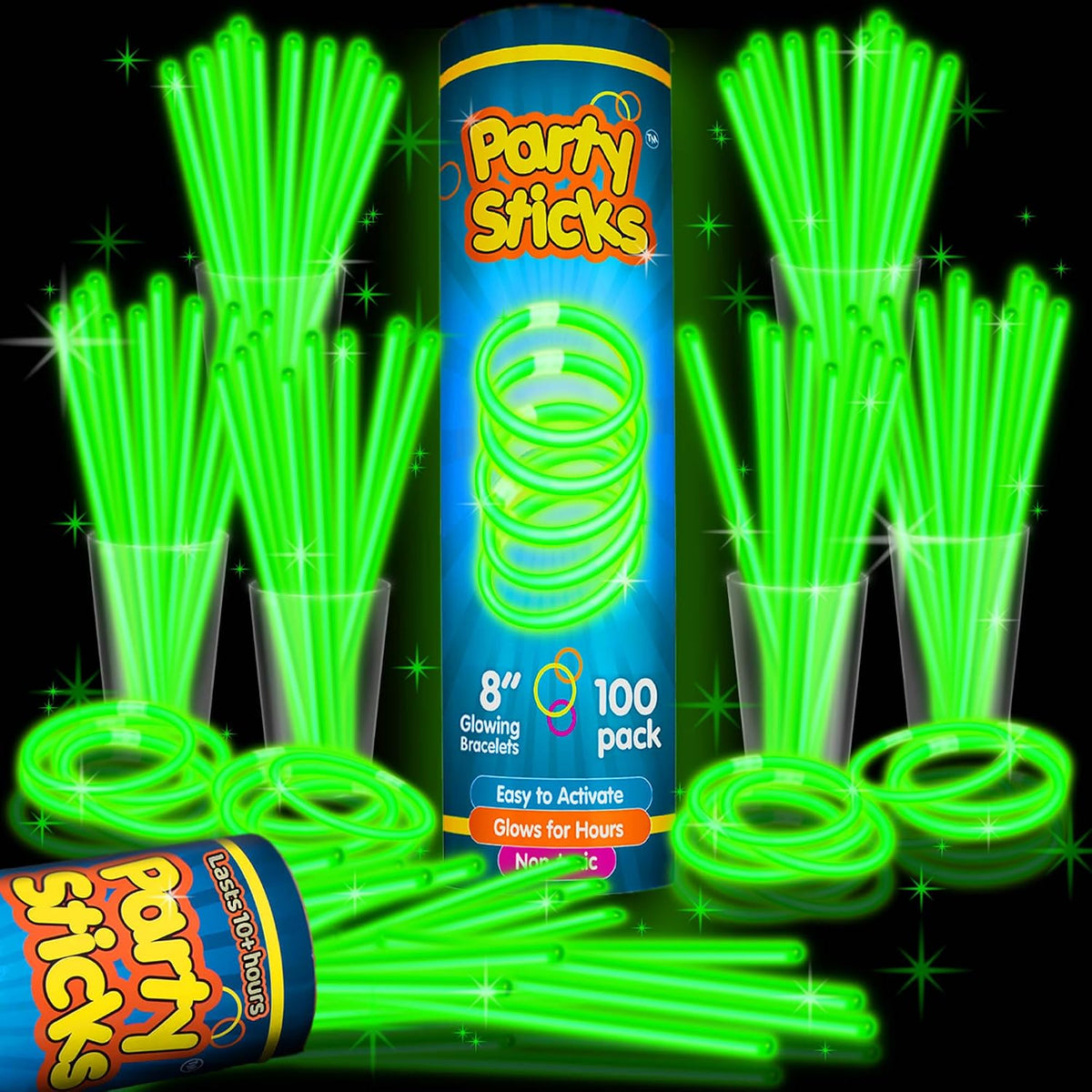PartySticks Glow Sticks Party Supplies 100pk - 8 Inch Glow in the Dark Light Up Sticks Party Favors, Glow Party Decorations, Neon Party Glow Necklaces and Glow Bracelets with Connectors