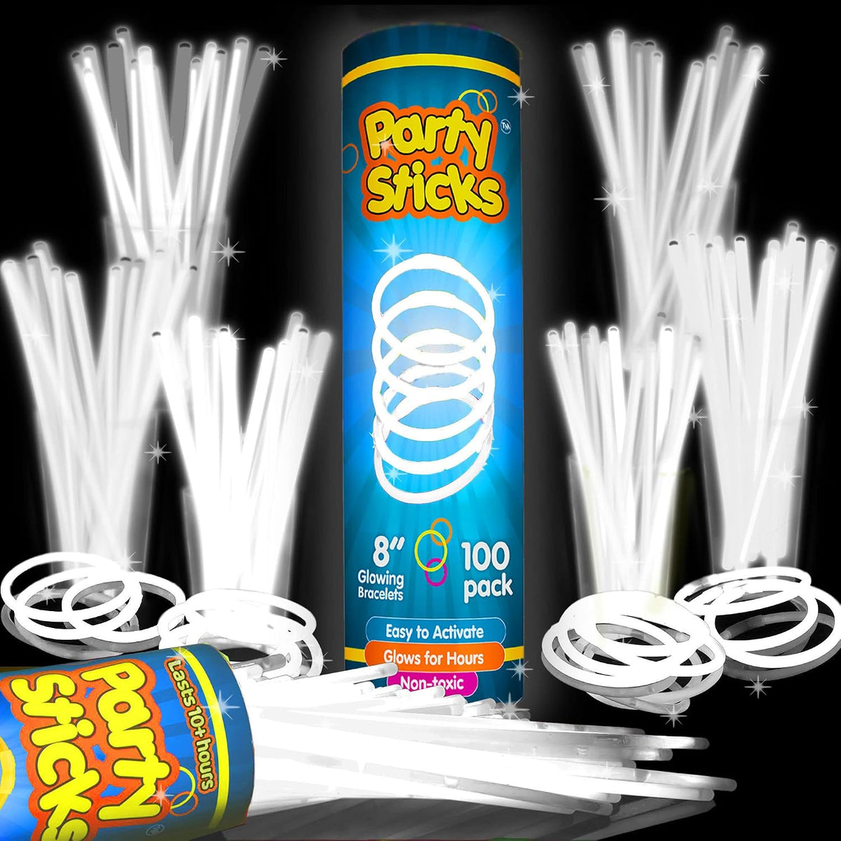 PartySticks Glow Sticks Party Supplies 100pk - 8 Inch Glow in the Dark Light Up Sticks Party Favors, Glow Party Decorations, Neon Party Glow Necklaces and Glow Bracelets with Connectors