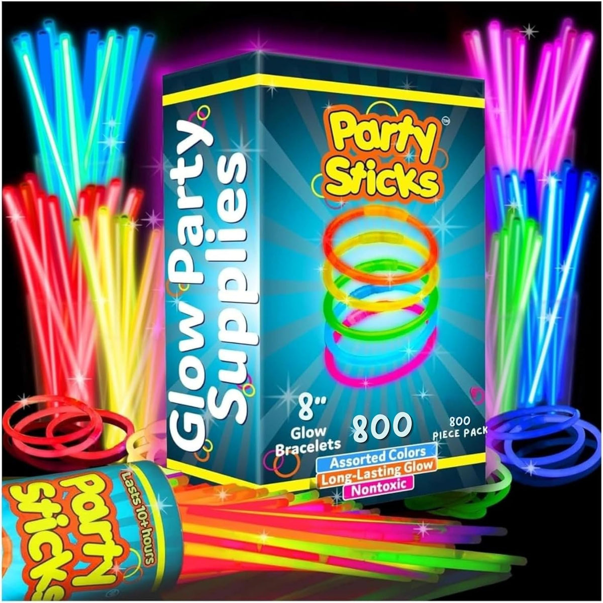 PartySticks Glow Sticks Party Supplies 100pk - 8 Inch Glow in the Dark Light Up Sticks Party Favors, Glow Party Decorations, Neon Party Glow Necklaces and Glow Bracelets with Connectors