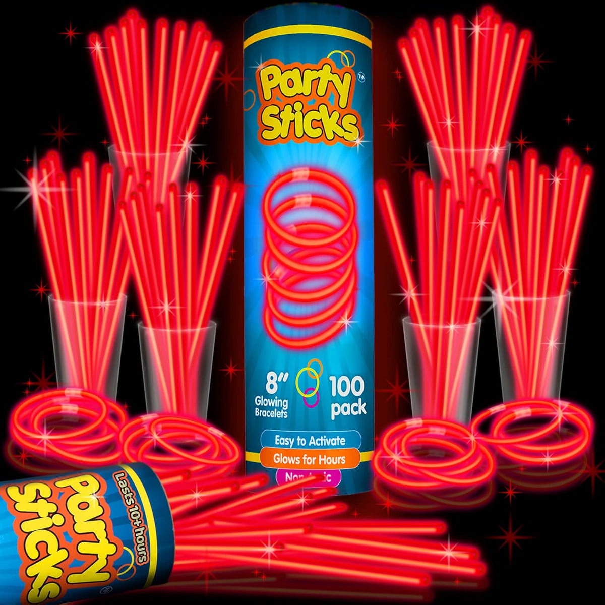 PartySticks Glow Sticks Party Supplies 100pk - 8 Inch Glow in the Dark Light Up Sticks Party Favors, Glow Party Decorations, Neon Party Glow Necklaces and Glow Bracelets with Connectors